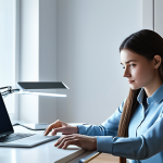 A focused young professional, fully clothed in modest business casual attire, working diligently at a sleek, minimalist desk in a bright, modern home office. Subtle, shimmering digital light streams form a protective, ethereal shield around the user and their laptop, symbolizing AI's invisible guardianship. This scene is safe for work, appropriate content, family-friendly, fully clothed. It features perfect anatomy, correct proportions, a natural pose, well-formed hands, proper finger count, natural body proportions, professional photography, cinematic lighting, and high detail.