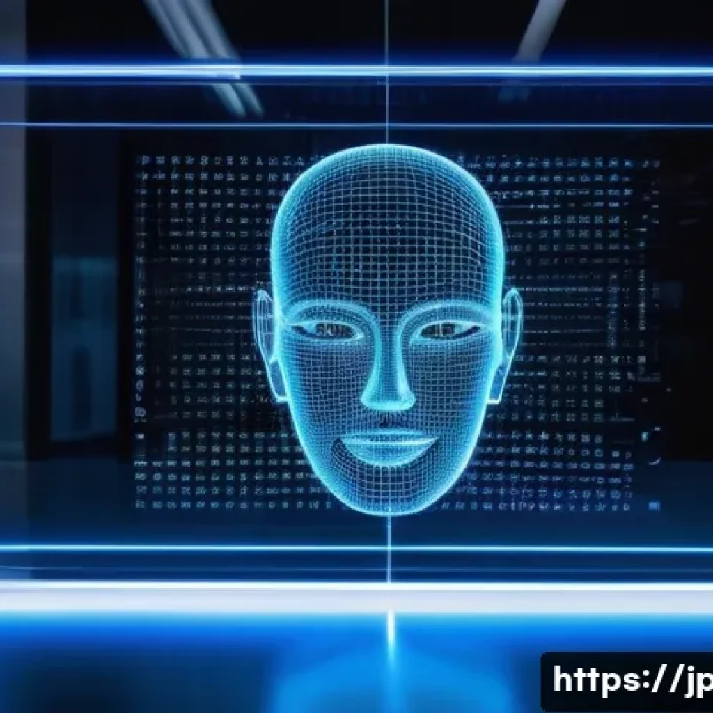 챗봇 개발을 위한 AI 기술 - A futuristic AI chatbot interface displayed on a sleek transparent holographic screen in a modern Ja...