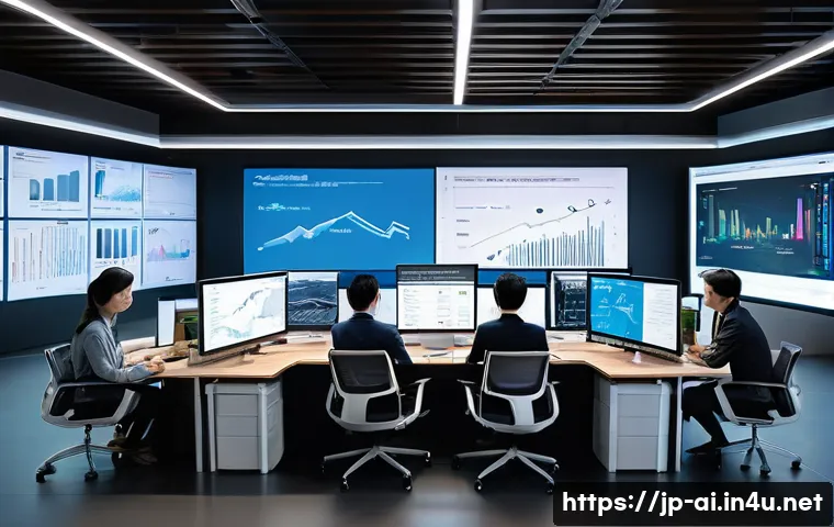 AI 기반 추천 시스템의 원리 - A modern Japanese office scene with diverse professionals analyzing real-time user behavior data on ...