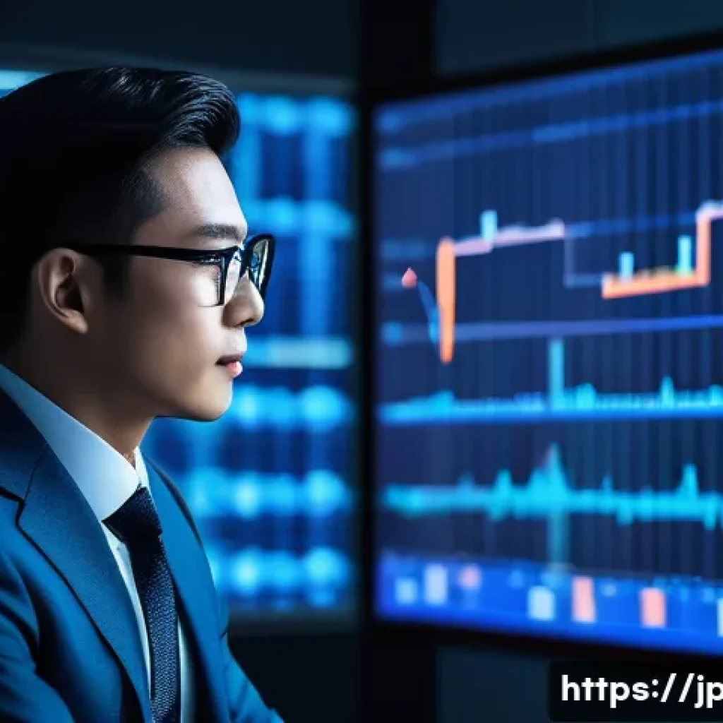 AI 기반 주가 예측 모델 - A sophisticated stock market analyst in a modern office setting, surrounded by multiple large digita...