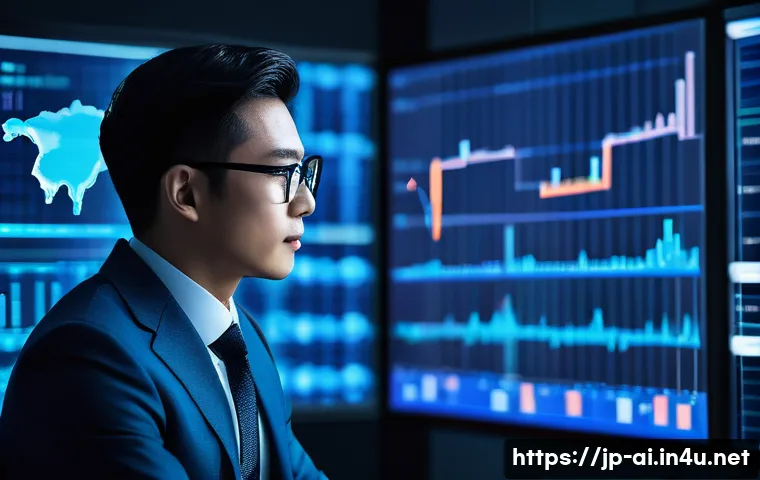 AI 기반 주가 예측 모델 - A sophisticated stock market analyst in a modern office setting, surrounded by multiple large digita...