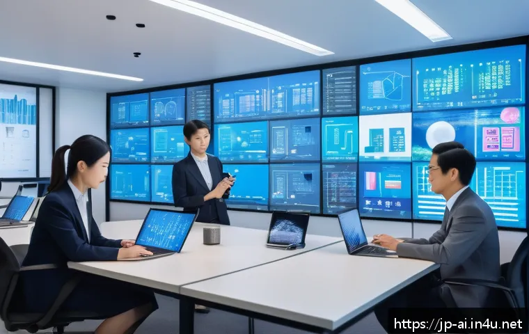 AI 알고리즘의 종류와 활용 사례 - A modern Japanese business office scene showing a diverse group of professionals collaborating with ...