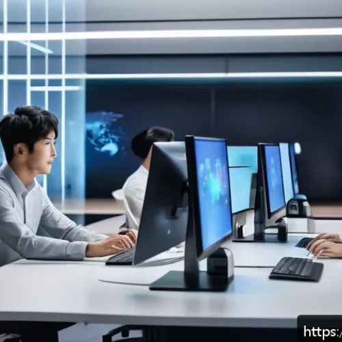 AI 기술의 역사와 발전 - A futuristic office scene in Japan showing a diverse group of modern workers collaborating with AI-p...