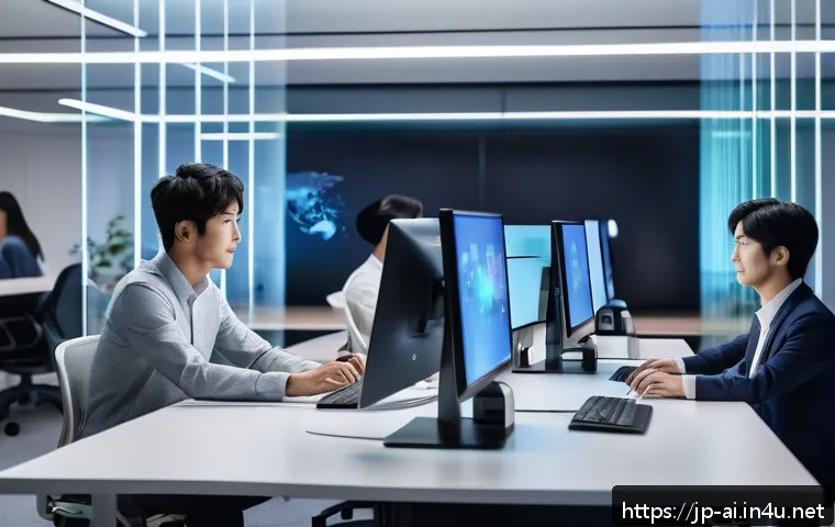 AI 기술의 역사와 발전 - A futuristic office scene in Japan showing a diverse group of modern workers collaborating with AI-p...