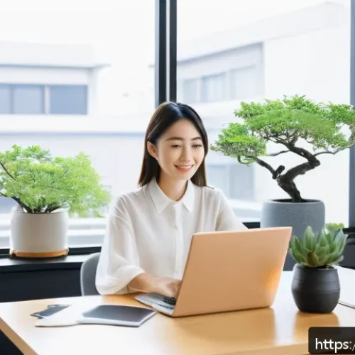 생성형 AI와 콘텐츠 제작 혁신 - A modern creative workspace in Japan, featuring a young Japanese professional woman using a laptop w...