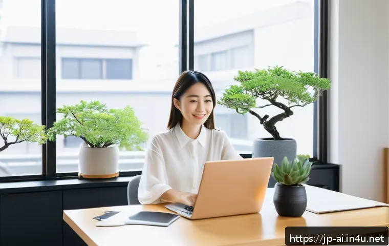 생성형 AI와 콘텐츠 제작 혁신 - A modern creative workspace in Japan, featuring a young Japanese professional woman using a laptop w...
