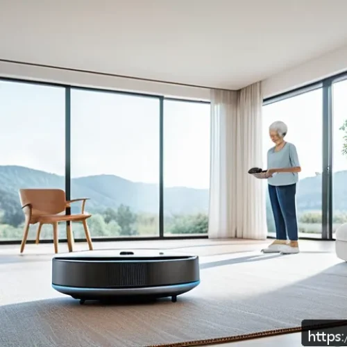 AI와 로보틱스의 융합 사례 - A futuristic smart home interior featuring an AI-powered household robot vacuum cleaner autonomously...
