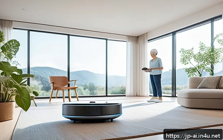 AI와 로보틱스의 융합 사례 - A futuristic smart home interior featuring an AI-powered household robot vacuum cleaner autonomously...