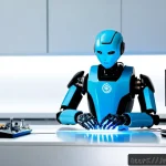 AI로 구동되는 로봇 기술 - Photorealistic AI-powered humanoid robot technician in a sleek Japanese robotics laboratory, careful...