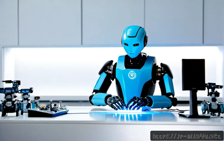 AI로 구동되는 로봇 기술 - Photorealistic AI-powered humanoid robot technician in a sleek Japanese robotics laboratory, careful...