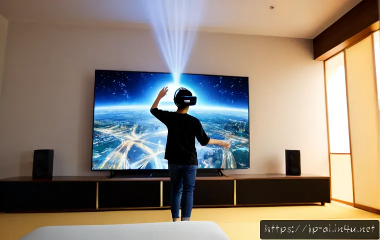 AI 기술로 발전된 가상현실 VR  게임 - Photorealistic modern Japanese living room, an adult player wearing a sleek wireless VR headset and ...